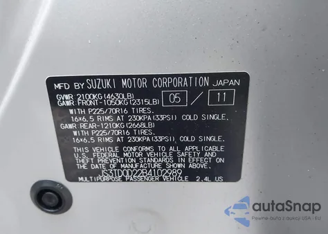 2011 Suzuki Grand Vitara Premium/Premium W/Alloy Wheels z USA, uszkodzony, nr VIN JS3TD0D22B4102989